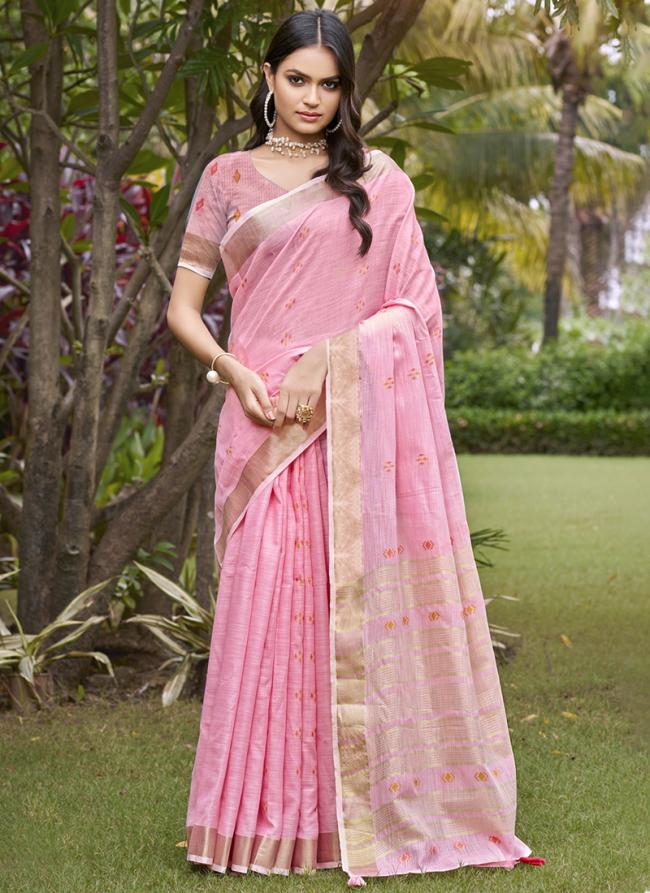 Cotton Pink Casual Wear Woven Saree